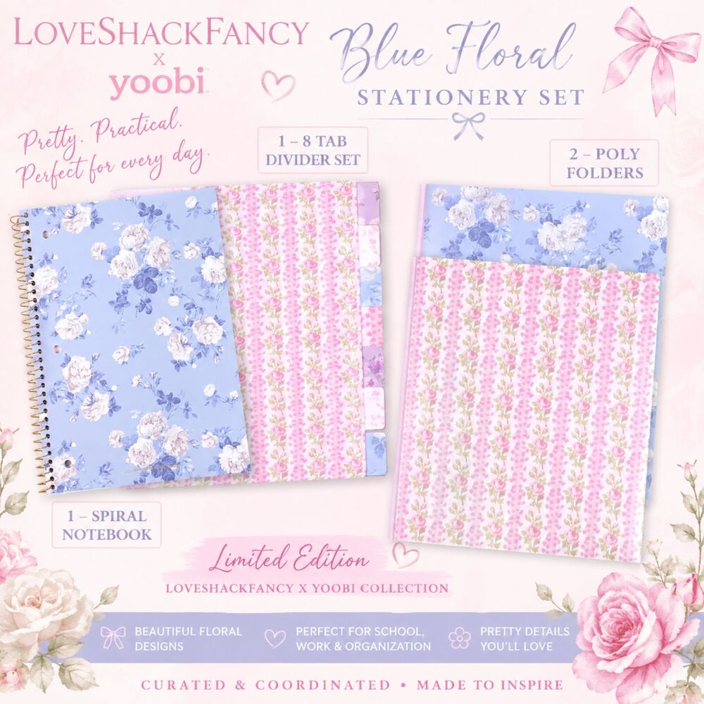 LoveShackFancy x Yoobi Blue Floral Stationery Set Notebook Folders Dividers